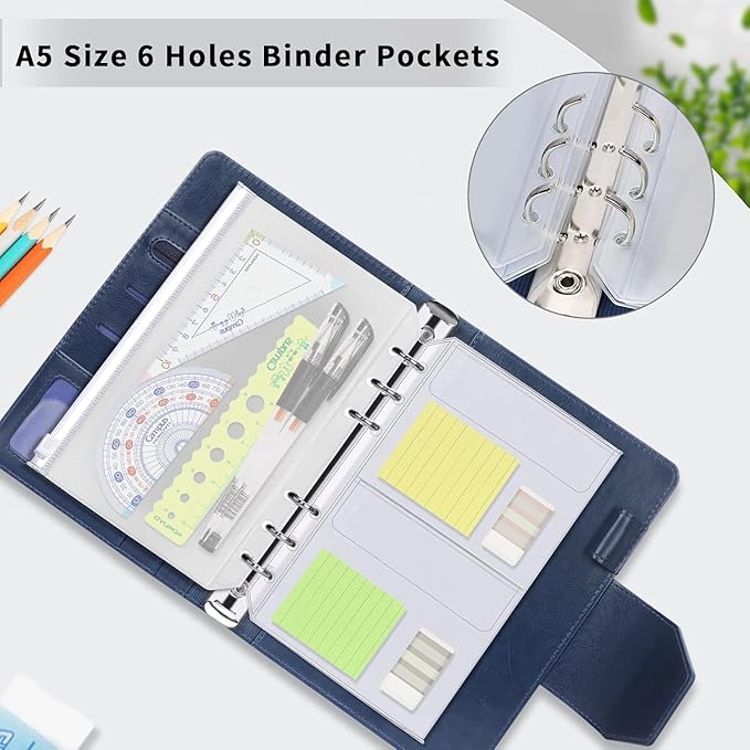 Binder Pockets, 16pcs A5 Size 6 Holes Binder Pockets, [Waterproof PVC Pouch] Premium Clear Binder Zipper Folders Document Filing Bags for 6-Ring Notebook Binder Loose Leaf Bags, Clear
