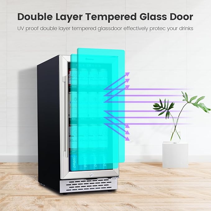 15 Inch Beverage Refrigerator Under Counter, 130 Cans Beverage Fridge with Tempered Glass Door & Lock, 37-65°F Beverage Cooler For Home/Bar, Built-in/Freestanding Mini Drink Cooler(3.53 cu.ft)