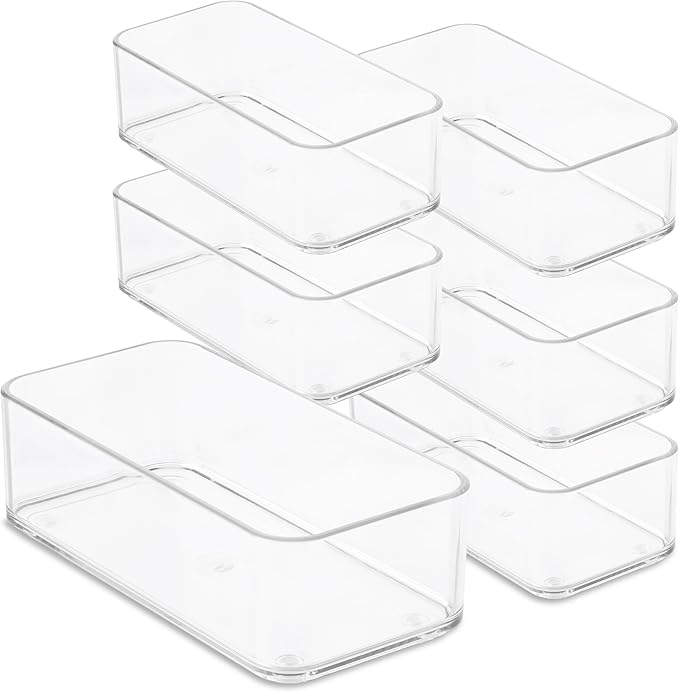 Plastic Clear Drawer Organizers. Bathroom, Kitchen, Bedroom, Jewelry, Office Organizer Bins, Storage Trays. Heavy Duty, Stackable. 9" x 3" x 2" Set of 6
