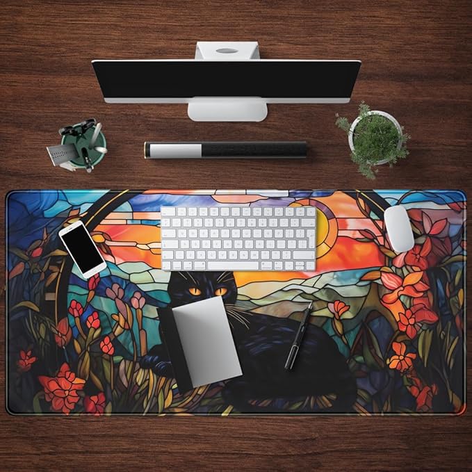 Black Cat Desk Mat Vintage Sunset Desk Mouse Keyboard Pad, XXL Large Mouse Pad Laptop Desk Mousepad with Stitched Edges, Keyboard Pad Mouse Mat for Work Game Office Desk Accessories 31.5x15.7 in