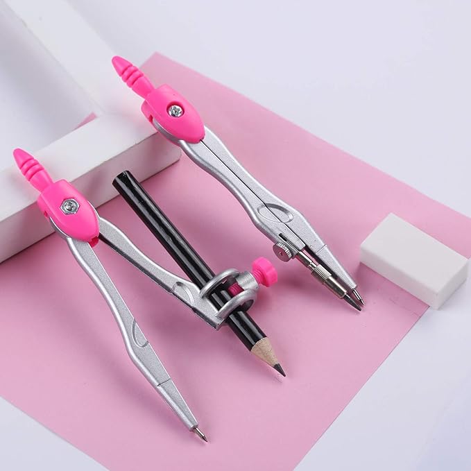 Math Geometry Kit Sets 10 Piece Student Supplies with Shatterproof Storage Box,Includes Rulers,Protractor,Compass,Eraser,Pencil Sharpener,Lead Refills,Pencil,for Drafting(Pink）