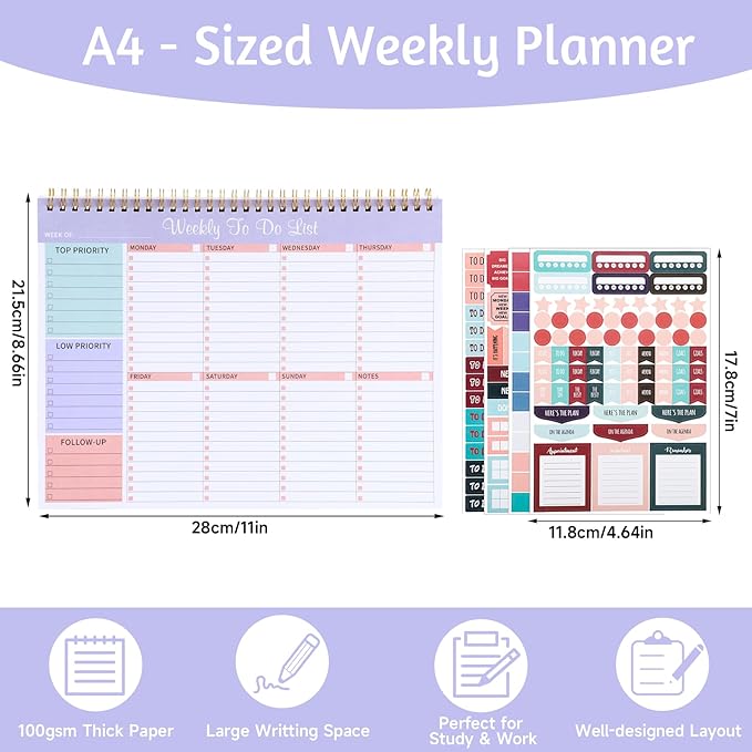 Weekly To Do List Notepad with 52 Undated Sheets, 8.5"×11" Weekly Desk Planner Undated Weekly Planner with Spiral Bound for Women & Man Home School and Work, Purple