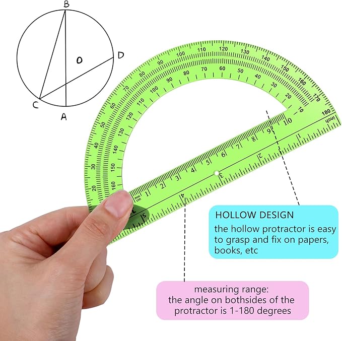 EBOOT 24 Pack Plastic Protractors Math Protractor 180 Degrees 6 Inch (Multi Colors)