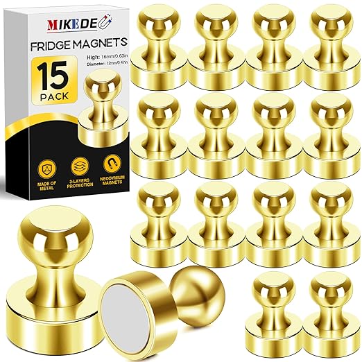 MIKEDE Fridge Magnets - 15 Pcs Gold Neodymium Push Pins for Whiteboard, Office, School & Classroom