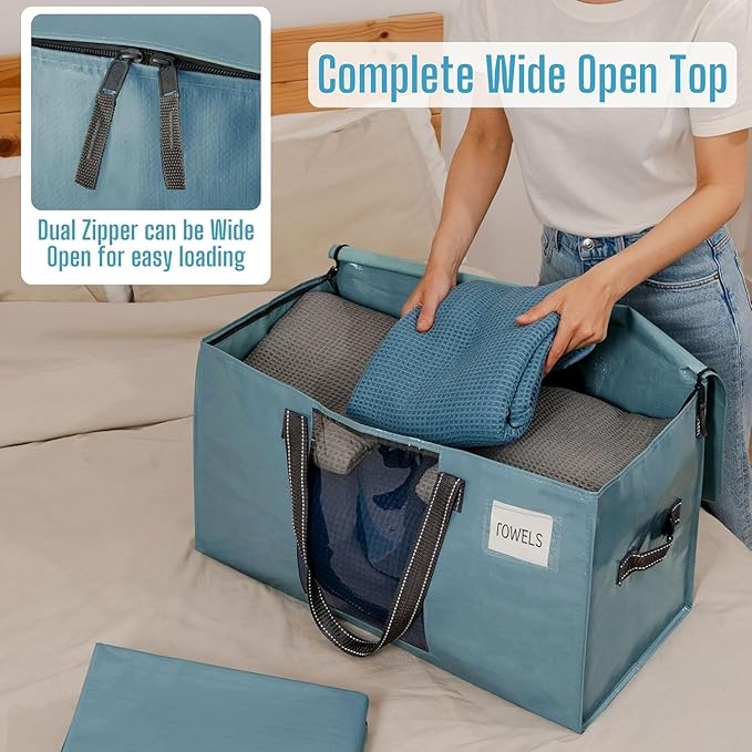 VENO 4 Pack Moving Bags, Comforter and Blanket Storage Bags for Closet, Moving Boxes, Boxes with Lids Alternative, College Dorm Packing Supplies, Foldable Heavy-Duty Tote (Shiny Light Blue, 4 Pack)