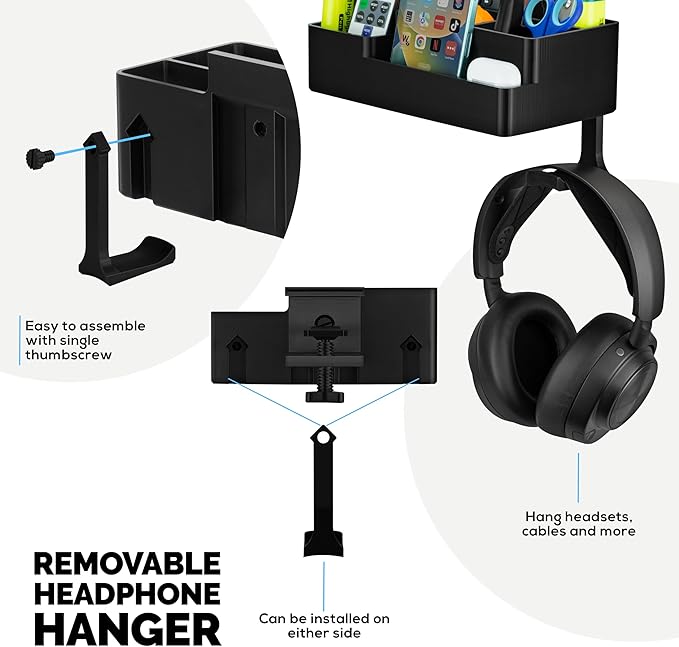 BRAINWAVZ Stationary Pen Holder with Headphone Hanger, Hobby Craft Home Office Organizer for Side of Desk, Shelves - Easy To Install, Adjustable Clamp