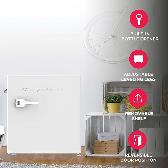 Frigidaire Retro Compact Fridge with Chiller, Countertop, Built-In Bottle Opener, Compact Refrigerator 1.6 cu ft, Mini Fridge for Office, Bedroom, Dorm Room or Cabin - 16" D x 18" W x 18.5" H (White)