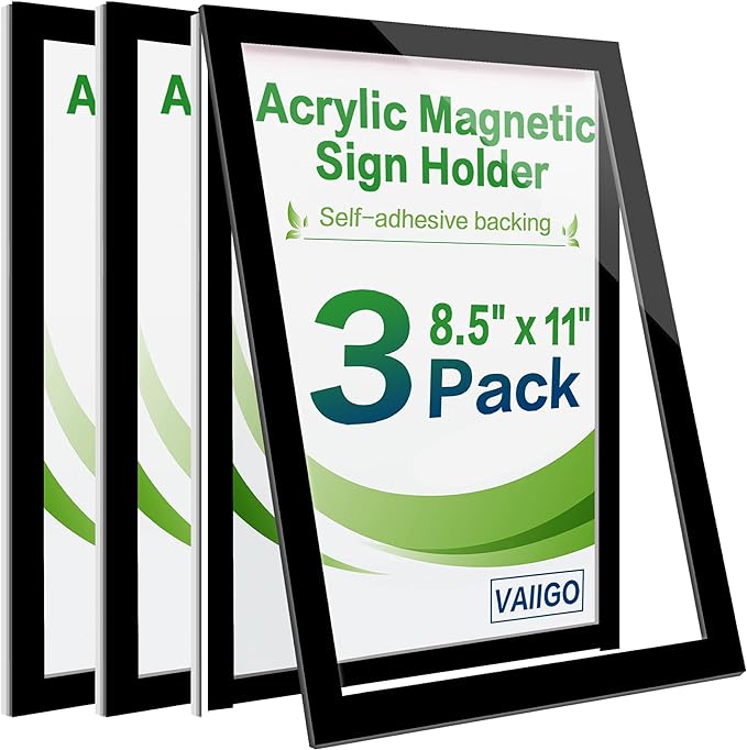 8.5" x 11" Acrylic Sign Holder Wall Mount, Self-Adhesive Magnetic Display Frame with Nano Tape and Strong Magnetic Border for Wall, Door, Glass, Home, Store, Office (Black, 3Pack)