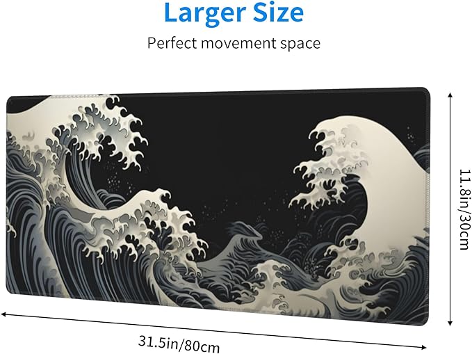 Stylish Japanese Ukiyo-e Style White and Black Ocean Wave Art Print Themed Mouse Pad 31.5 x 12 Inch, Anti-Slip Rubber Base, Ideal for Computer, Laptop, Office & Home Use
