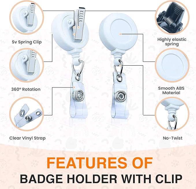 25 Pack Retractable Badge Reels with Clip, Retractable Id Badge Clip with Clear Vinyl Strap & Alligator Swivel, No Twist Dispenser (White)
