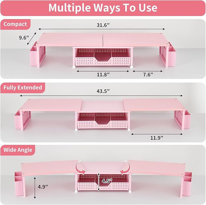 Desk Dual Monitor Stand Riser - Wood Desk Organizer with Drawer and Pen Holders, Office Desk Accessories & Workspace Organization, Computer Monitor Stand for Laptop Printer, Girl Pink