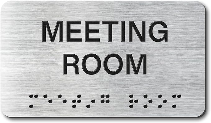 Meeting Room Signs with Raised Text & Grade 2 Braille, Brushed Aluminum/Silver Finish Easy Install with Double-Sided Tape, ADA Compliant Meeting Room Door Sign for Businesses & Offices