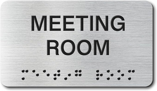 Meeting Room Signs with Raised Text & Grade 2 Braille, Brushed Aluminum/Silver Finish Easy Install with Double-Sided Tape, ADA Compliant Meeting Room Door Sign for Businesses & Offices