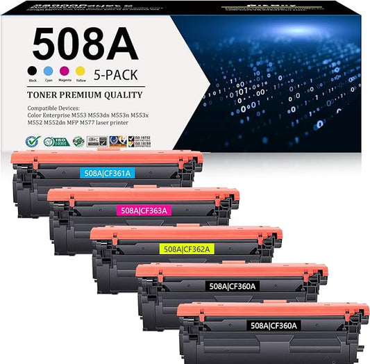 508A Toner Cartridge Combo Pack (5-Pack, 2Black/1Cyan/1Magenta/1Yellow) Compatible 508A 508 Toner Cartridges CF360A CF361A CF362A CF363A Replacement for M553 M552 553 MFP M577 Series Printer