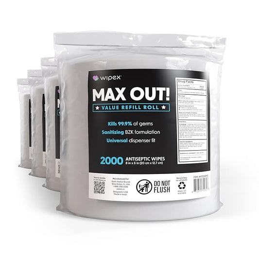 Wipex Max Out Sanitizing Wipes for Fitness Centers - 2000 Wipes Per Roll, Pack of 4, Economy Size Refill Rolls for Dispensers, 5"x8" - Ideal for High Volume Commercial Gyms, Schools & Studios
