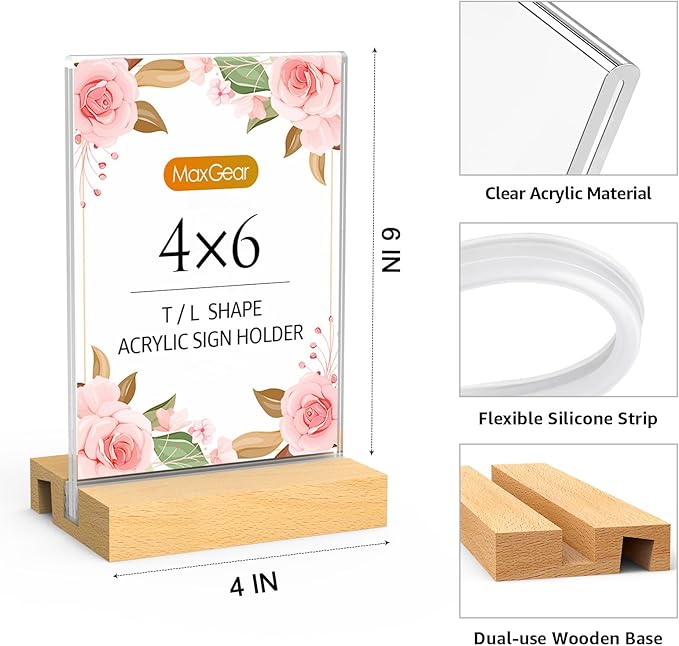 MaxGear L/T Shape Acrylic Sign Holder, 4 X 6 Clear Table Display Stand with Wooden Base, Flyer Menu Holder Photo Frames Paper Stand for Office, Wedding, Restaurants, Hotels 3 Pack