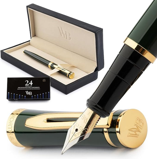 Wordsworth & Black Fountain Pen Set, 18K Gilded Fine Nib, Includes 24 Pack Ink Cartridges, Ink Refill Converter & Gift Box, Gold Finish, Calligraphy, [Racing Green], Perfect for Men & Women
