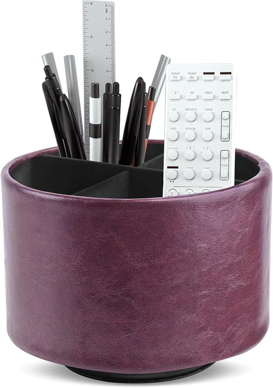Hennaja Round Leather Art Supply Organizer,Remote Control Holder,360 Degree Spinning,Multi-Functional Pencil Holder,4 Compartments Desktop Stationary Organizer(1-Oil Brown)