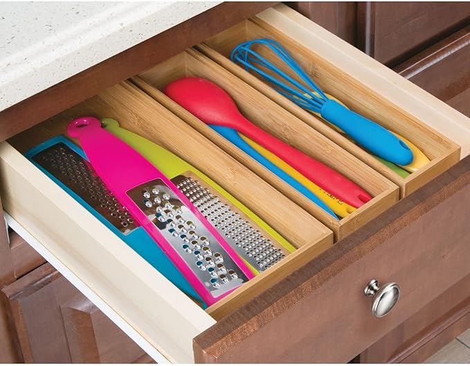 mDesign Wooden Bamboo Drawer Organizer - 15" Long Stackable Storage Box Tray for Kitchen Drawers/Cabinet - Utensil, Silverware, Spatula, and Flatware Holder - Echo Collection - 2 Pack, Natural Wood