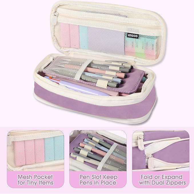56PCS Aesthetic School Supplies Cute Stationary Set with Large Pencil Case, Stylus Ballpoint Pens, Highlighters, Gradient 0.7mm Gel Pens,Mechanical Pencils 0.5-0.7mm, College Student Essential(purple)