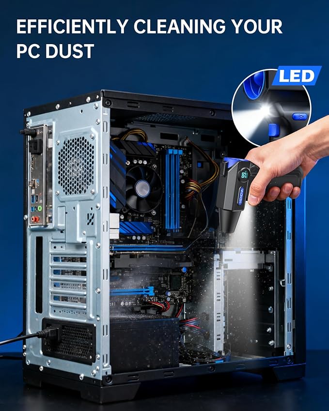 VICNOVA Compressed Air Duster, 150,000RPM Cordless Electric Air Blower with 3-Speed Adjustable Rechargeable with LED Light for Cleaning Car, Computer, PC Keyboard, Gifts for Dad, Man, Him