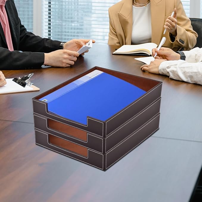 PU Leather 1-Layer Stackable Office File Document Tray Case Rack Paper Letter Tray Desk File Document Organizer Holder (Coffee)