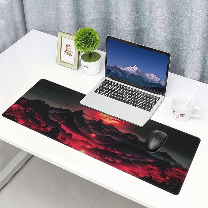 Extended Gaming Mouse Pad, Large Desk Mat XL Anime Mouse Pad Waterproof with Stitched Edges, Non-Slip Desktop Pad for Home and Office, Level Up Your 31.5x11.8 Inch (Darkness Red Moon3)