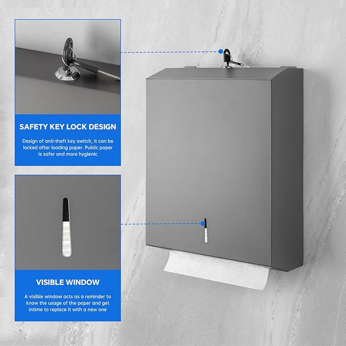 Paper Towel Dispenser Wall Mount Commercial c-fold/Multi-fold/Tri-fold, Touchless Hand Towel Dispenser with Lock(Dark Grey)