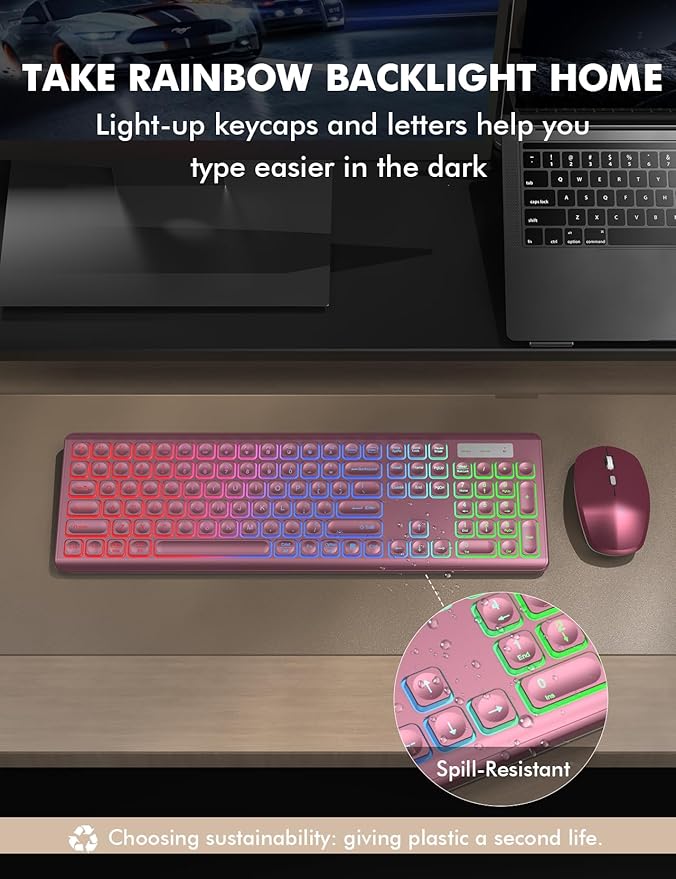 Wireless Keyboard and Mouse Combo - RGB Backlit, Rechargeable & Light Up Letters, Full-Size, Ergonomic Tilt Angle, Sleep Mode, 2.4GHz Quiet Keyboard Mouse for Mac, Windows, Laptop, PC