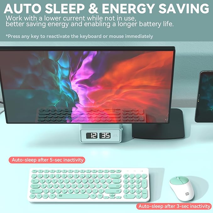 FD Wireless Keyboard and Mouse Combo - 2.4GHz USB Cordless, Cute Round Keys, Quiet and Slim Set for Laptop, Computer, TV, and Mac - Mint Green & White