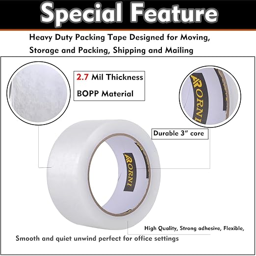 Clear Packing Tape Heavy Duty Refill Rolls Sealing Great for Packing Box Shipping and Moving Supplies Packaging 12 Rolls 1.88" x 65 Yards 3" Core 2.7 Mil Thick Adhesive