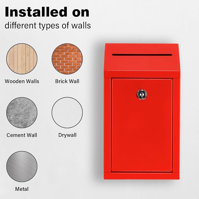 Metal Donation Box with Lock, Wall Mounted, Suggestion Box with 4 Iron Keys, Red, Cash Drop Box with Slot, 1-Pack