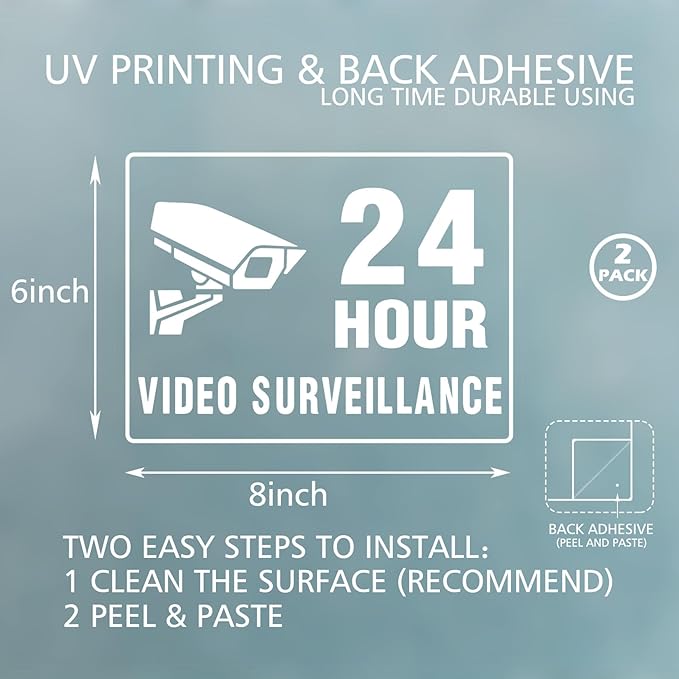24 Hour Video Surveillance for Business Sign 8x6 Inch No Vaping Sticker Vinyl Sign Window Door Transparent Decals 2 Pack