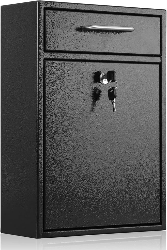 xydled Metal Mailbox Wall Mount, Large Locking Mailbox with Key Lock, Hanging Secure Postbox, Security Key Drop Box, Collection Boxes, Black, 17.6H x 12.2L x 5.7W Inches, XL Large