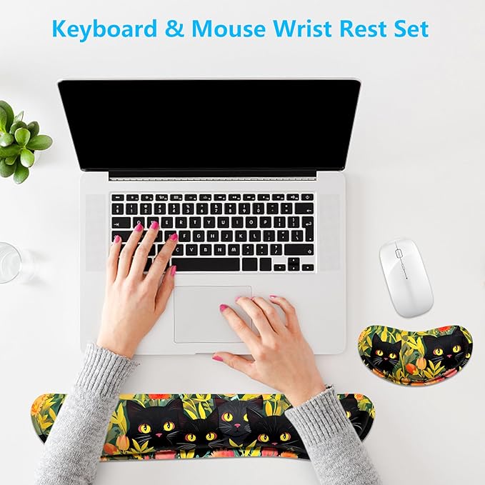 Dapesuom Enlarge Keyboard Wrist Rest, Memory Foam Wrist Cushion for Desk Mats Support, Cute Typing Pain Relief Keyboard Mouse Pad Rests Set with Non-Slip Base for Gaming Laptop Computer, Black Cats