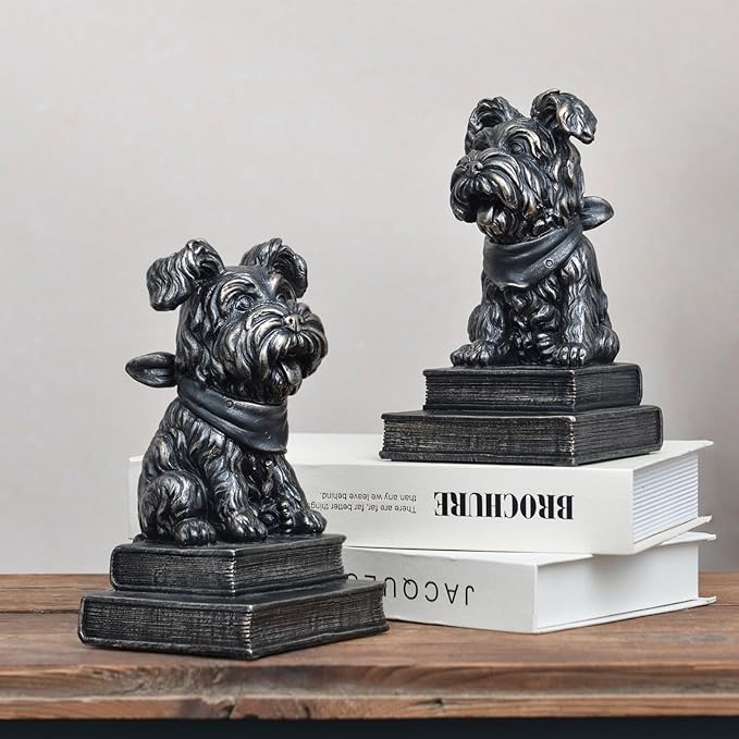 Vintage Antique Dog Bookends,Decorative Book Ends for Shelves,Creative Resin Schnauzer Statues Book Holders for Desk Home Office Bookshelf Decoration,Gifts for Dog Enthusiasts