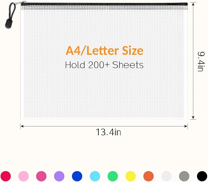 Sooez 36 Pack Mesh Zipper Pouch with Sticky Labels, A4 Mesh Bags Board Game Puzzles Organization Storage, Durable Letter Size File Folders Organizer Teacher School Classroom Office Supplies, Black