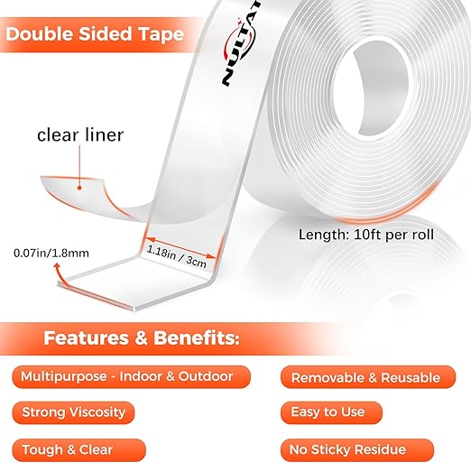 Strong Double Sided Tape Heavy Duty Double Sided Tape for Walls, Clear & Tough Double Sided Mounting Nano Tape, Removable Adhesive Wall Tape for Hanging Picture, Poster, Carpet (90FT)
