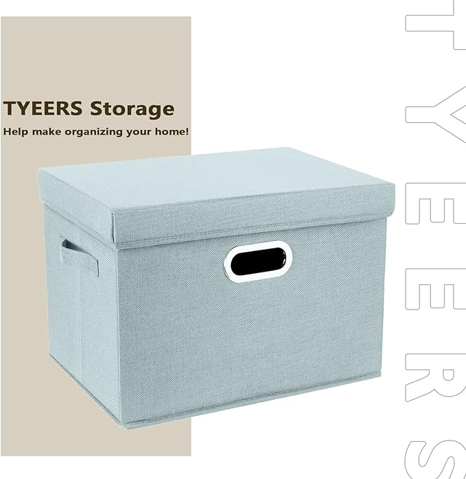 TYEERS Large Storage Bins with Lids, Collapsible, Washable, Fabric Storage Boxes for Organizing, 17.3x11.8x11.4 inches, 5 Pack, Aqua Spring