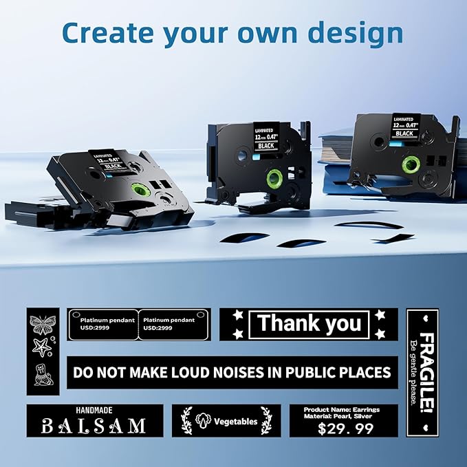 Airmall Label Maker Tape Black Replacement for Brother Ptouch Tape 12mm 0.47 White on Black Tze-335 Tze335 TZe TZ 12mm 0.47 Laminated for Brother PT-D210 PT-D220 PT-H110 PT-D400 PT-D600, 4-Pack