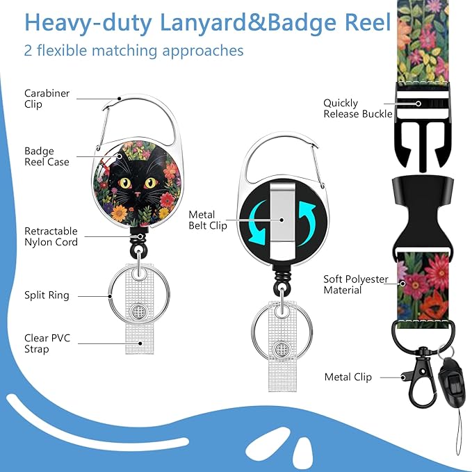 Lanyard with Id Holder, Black Cat Flower Badge Holder with Retractable Lanyard, ID Holder with Badge Reel Clips, Animal Keychain Name Tag Teacher Women Doctor Office Gift