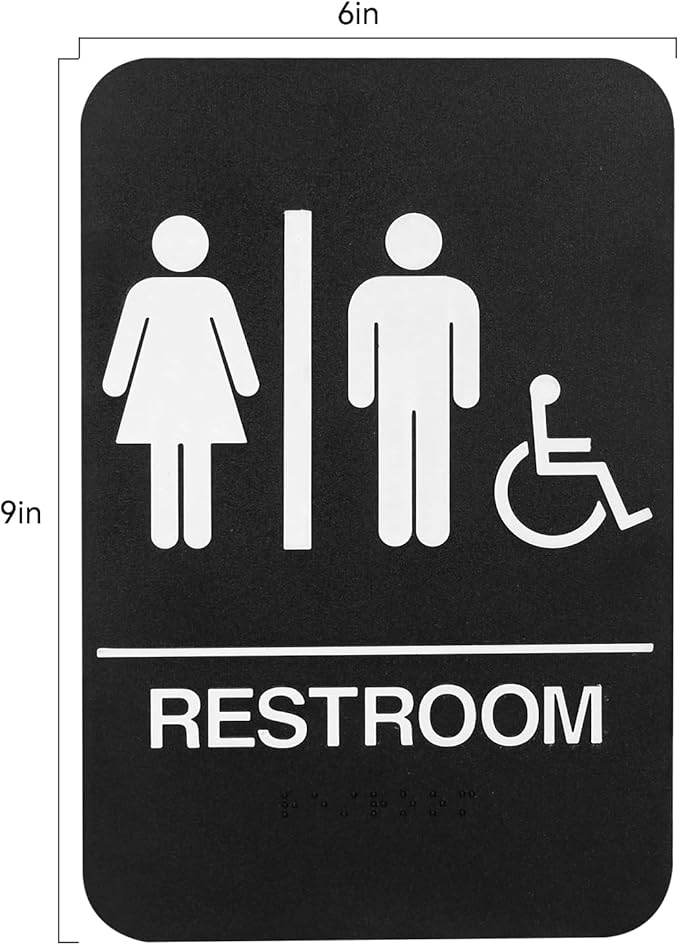 2PCS Self-Adhesive Business Restroom Sign,ADA Compliant Braille Unisex Bathroom Sign,Public Restroom Sign,Size: 9"" X 6""., Balck