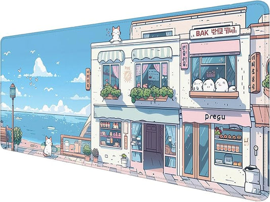 Cute Kawaii Gaming Mouse Pad Desk Pad Anime Street Aesthetics Large Gaming Mouse Mat with Stitched Edges,Non-Slip Waterproof Rubber Base Mous Mat Office Computer Keyboard Laptop Home 31.5"x11.8"