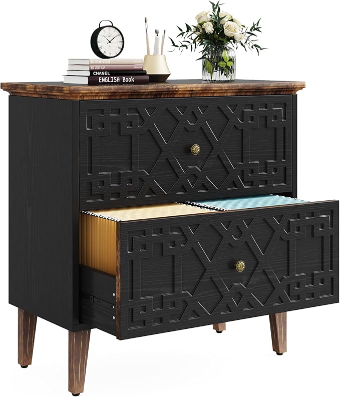 LITTLE TREE 2-Drawer File Cabinet, Lateral Filing Cabinet for A4/Letter/Legal Size, Office Storage Cabinet, Printer Stand with Storage Drawer for Home Office, Black