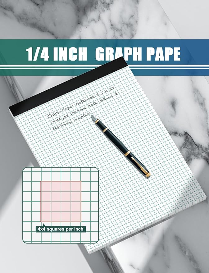 Graph Paper Pads 8.5 x 11, 4x4 Graph Ruled, 6 Pack 1/4 Graph Paper Notebooks, Grid Paper Pad Notebook 8-1/2" x 11" Graphing Paper, Perforated Quadrille Pad, 70GSM White Graft Paper Pads, 30 Sheets/Pad