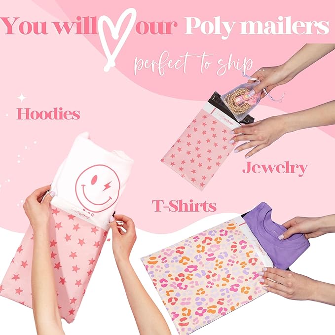 14.5x19 Designer Poly Mailer 100 Pack Heavy Duty Waterproof Self Seal Shipping Bags for Small Business Large Mailing Envelopes Bulk Tear Resistant Cute Packaging Seeing Stars Pink