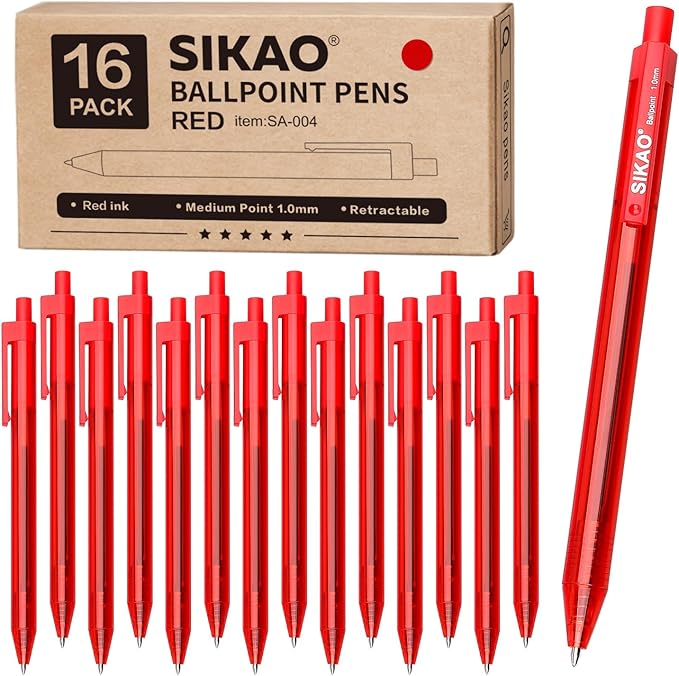 Red Pens | 16 Pack Retractable Ballpoint Pens Multipack | Red Ink Medium Point 1.0mm | Smooth Writing Ball Point Pens | School Office Supplies(Red Ink)