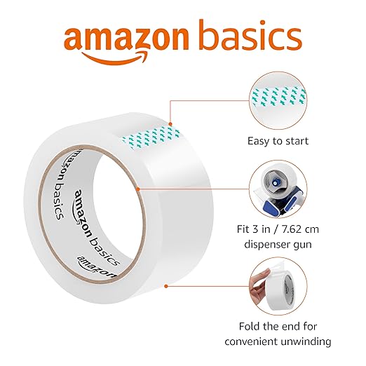 Amazon Basics Strong Plastic Adhesive Packaging Tape for Shipping, Moving and Storage, Clear, Low Odor, 1.88 in x 54.6 yds, 12-Pack