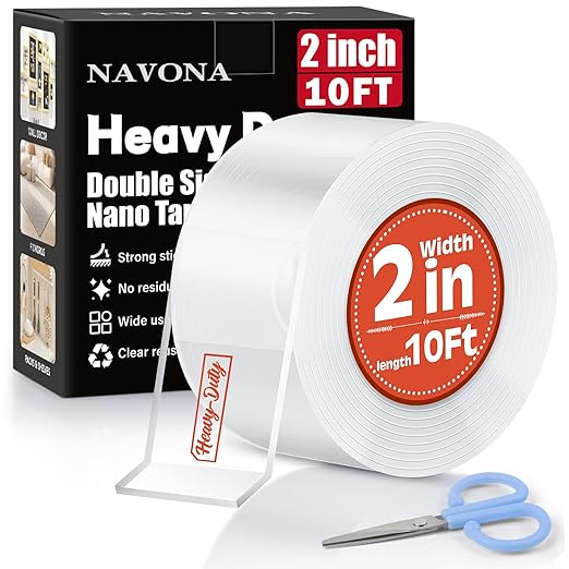 Navona 2In x 10Ft Double Sided Nano Tape, Heavy Duty Removable Transparent Mounting Tape for Walls, Home, Office, Kitchen – Multipurpose Reusable Adhesive Tape