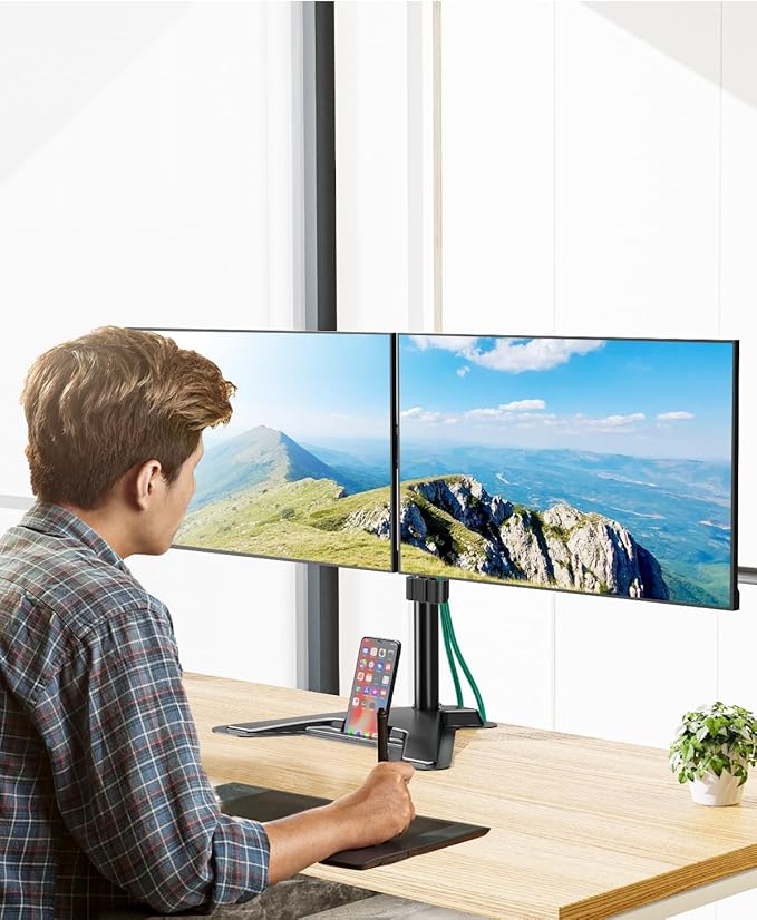MOUNT PRO Dual Monitor Stand, Free-Standing Full Motion Monitor Desk Mount Fits 2 Screens up to 27 inches,17.6lbs with Height Adjustable, Swivel, Tilt, Rotation, VESA 75x75 100x100, Black